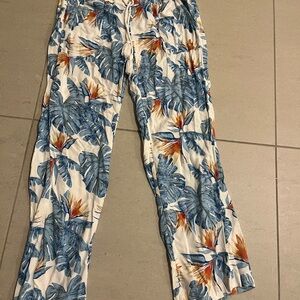 Roxy Tropical Print Pants with Blue and Orange Leaves